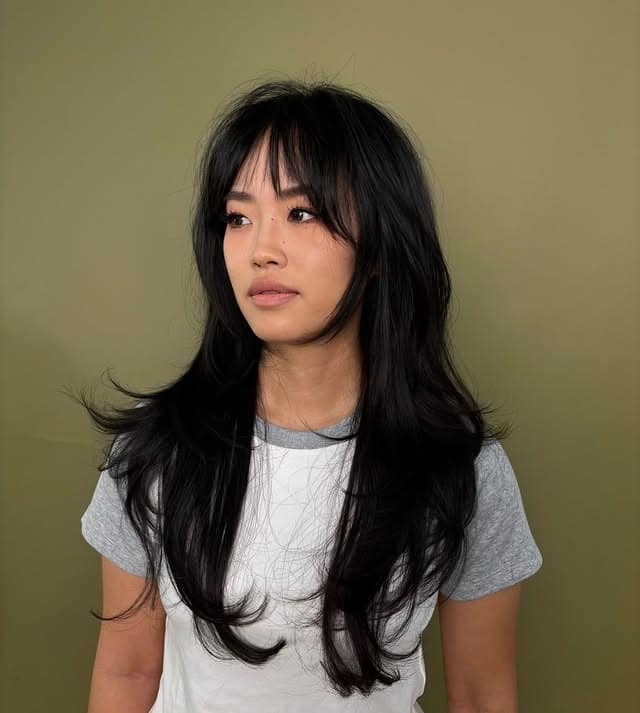 21. Jet Black Feathered Layers with Wispy Fringe - Long Hair With Wispy Fringe