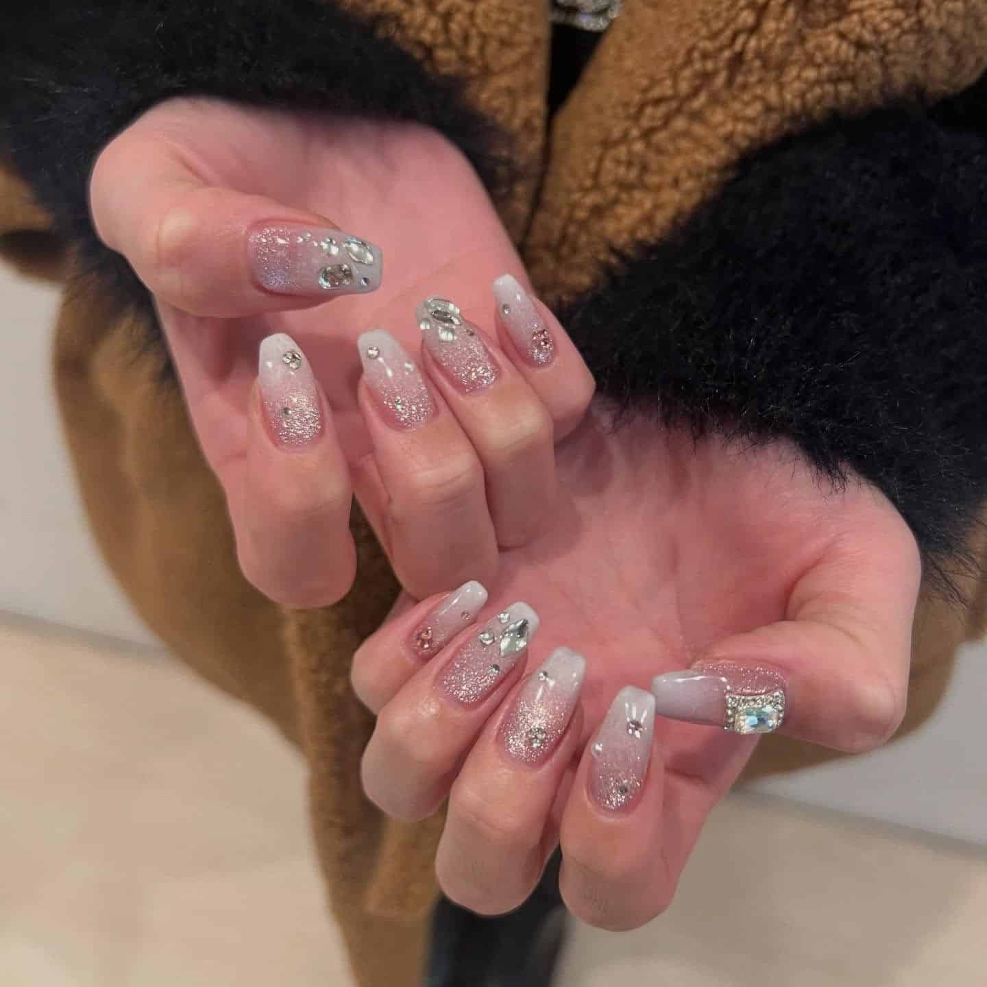 1. Silver Crystal Clear Ombré Coffin Nails - clear nail ideas
