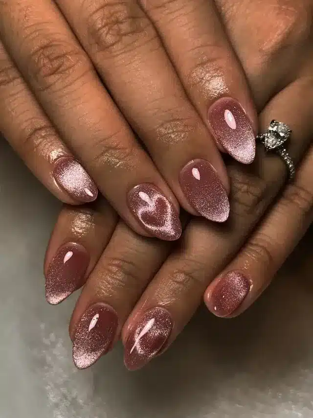 2. Rose Gold Velvet Clear Almond Nails - clear nail ideas