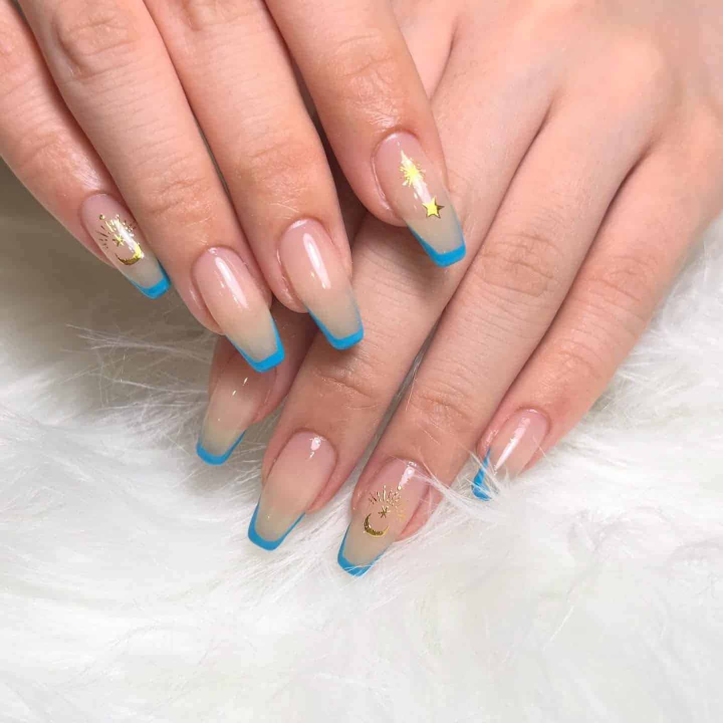 5. Sky Blue Clear French Coffin Nails - clear nail ideas