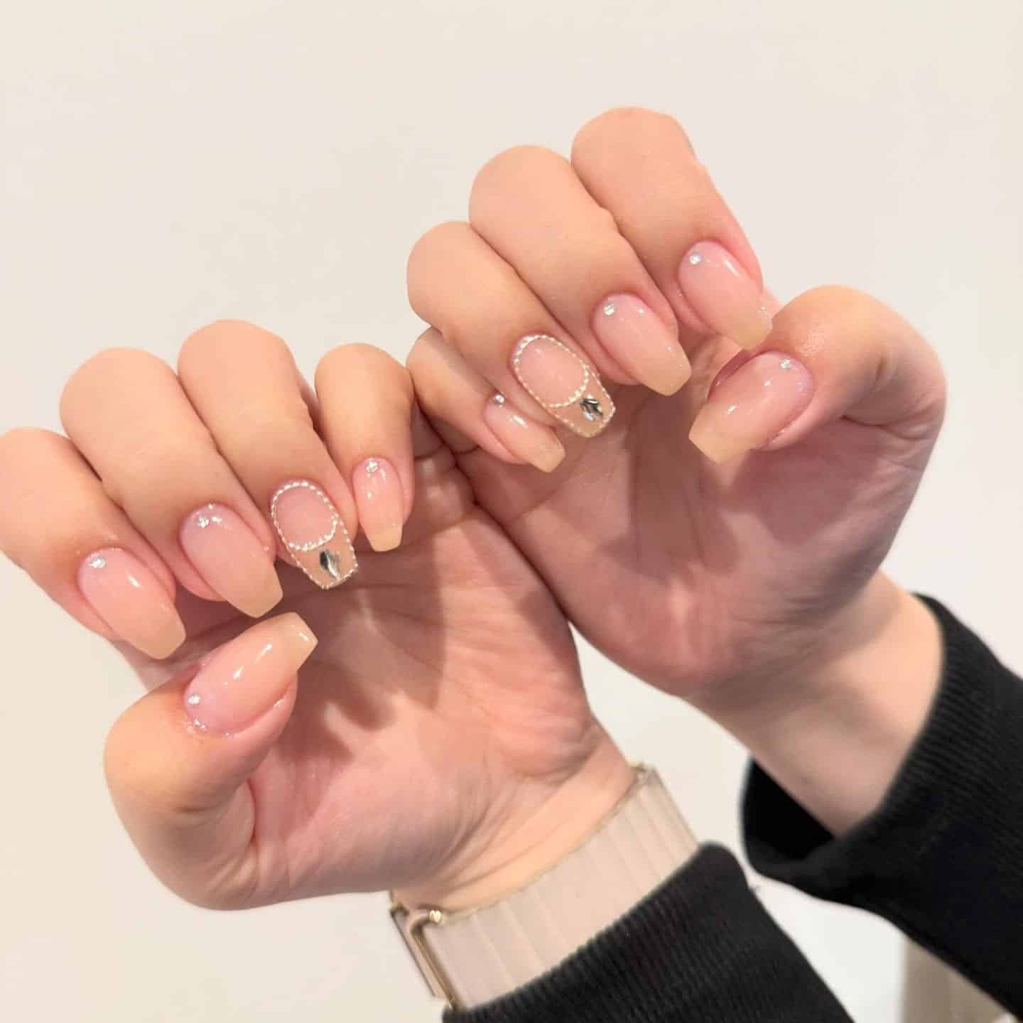 11. Nude Clear Ombre Square Nails with Crystal Accents - clear nail ideas
