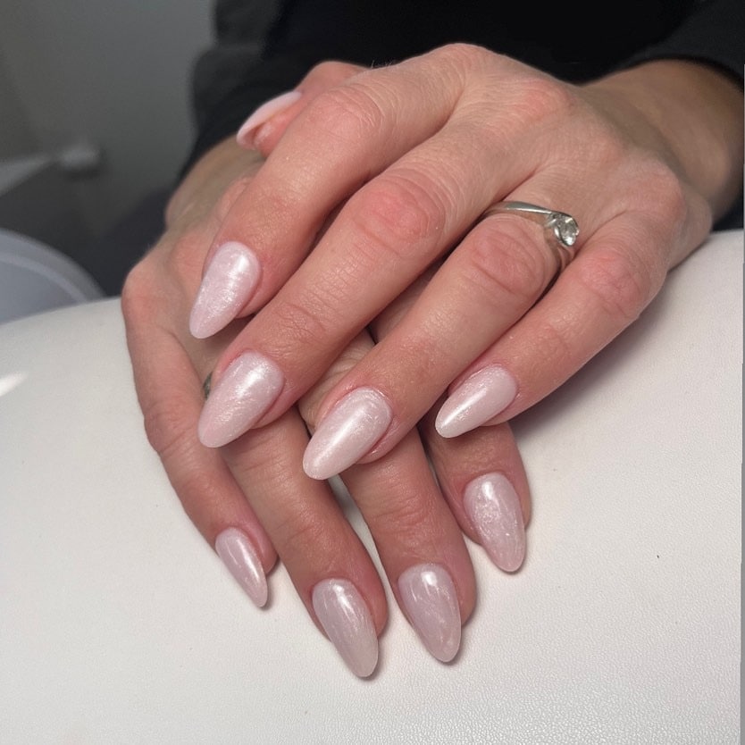12. Pearl White Clear Almond Nails - clear nail ideas