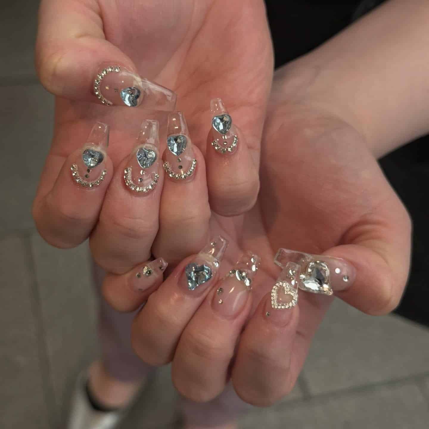 14. Crystal Heart Clear Coffin Nails - clear nail ideas