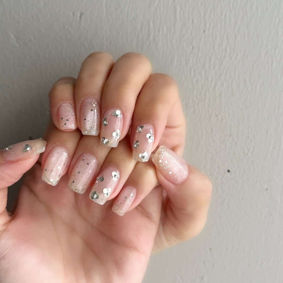 15. Silver Confetti Clear Square Nails - clear nail ideas