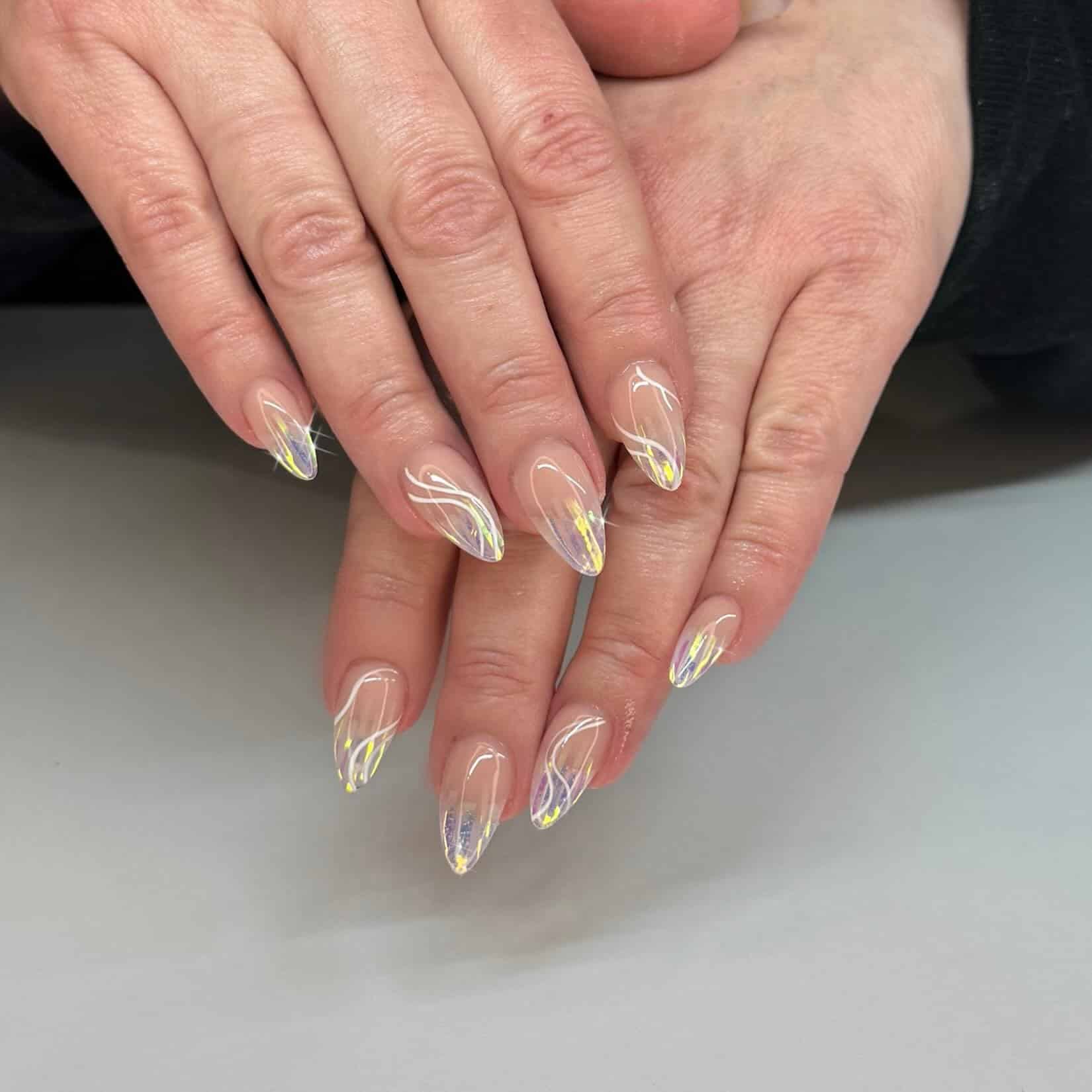 18. Iridescent Swirl Clear Almond Nails - clear nail ideas
