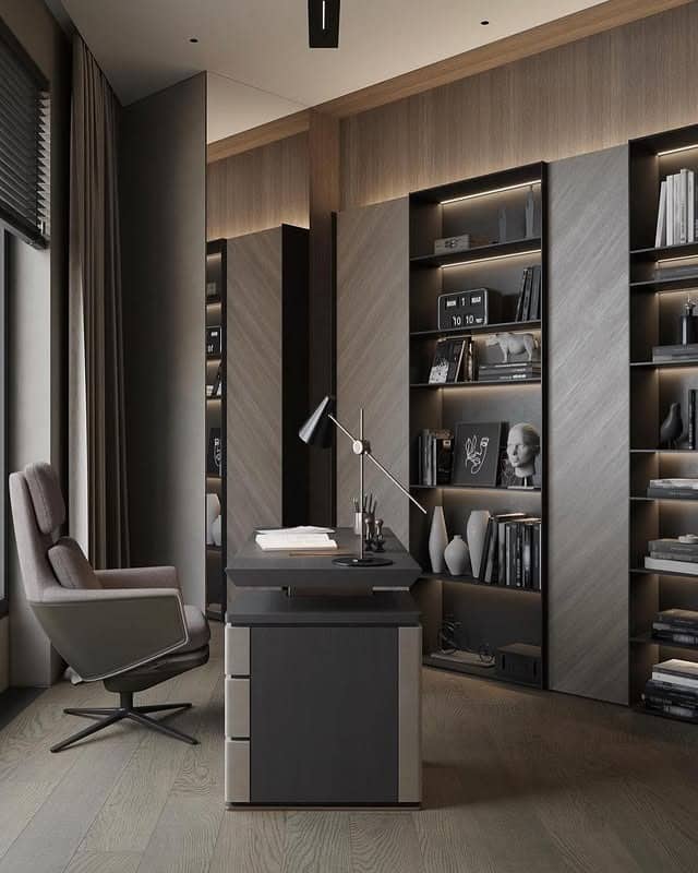 4. Warm Taupe Luxury Office with Illuminated Shelving - office room ideas