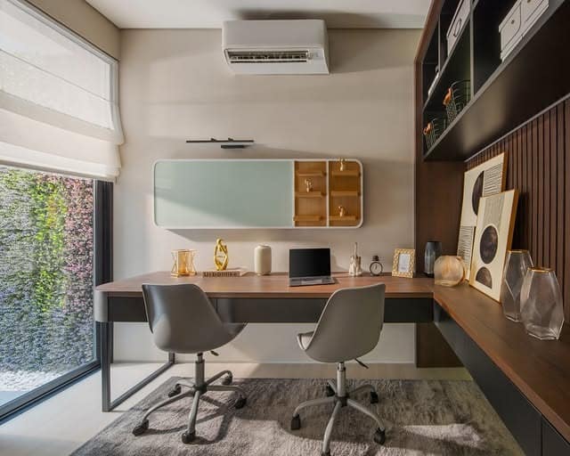 7. Walnut and Black Shared Workspace Idea - office room ideas