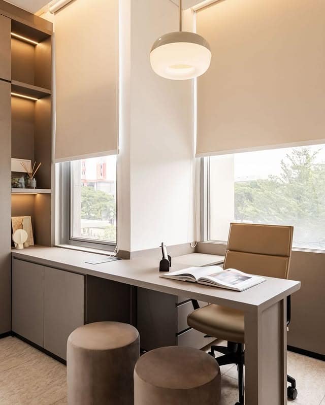 9. Greige Corner Office with Soft Contemporary Styling - office room ideas