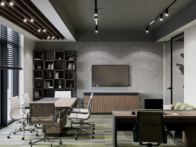 11. Charcoal and Walnut Modern Executive Office Idea - office room ideas