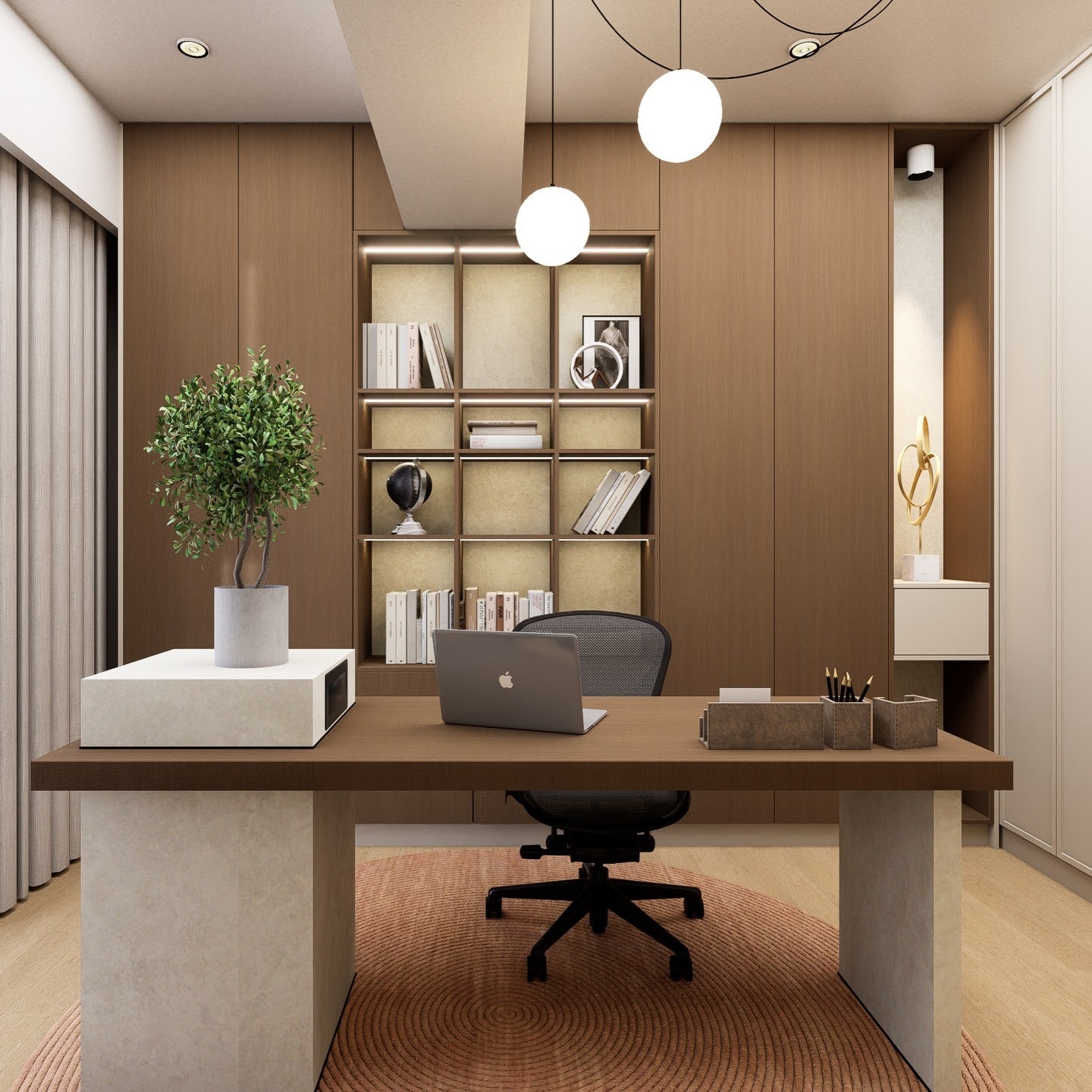 16. Natural Oak and Stone Contemporary Workspace - office room ideas