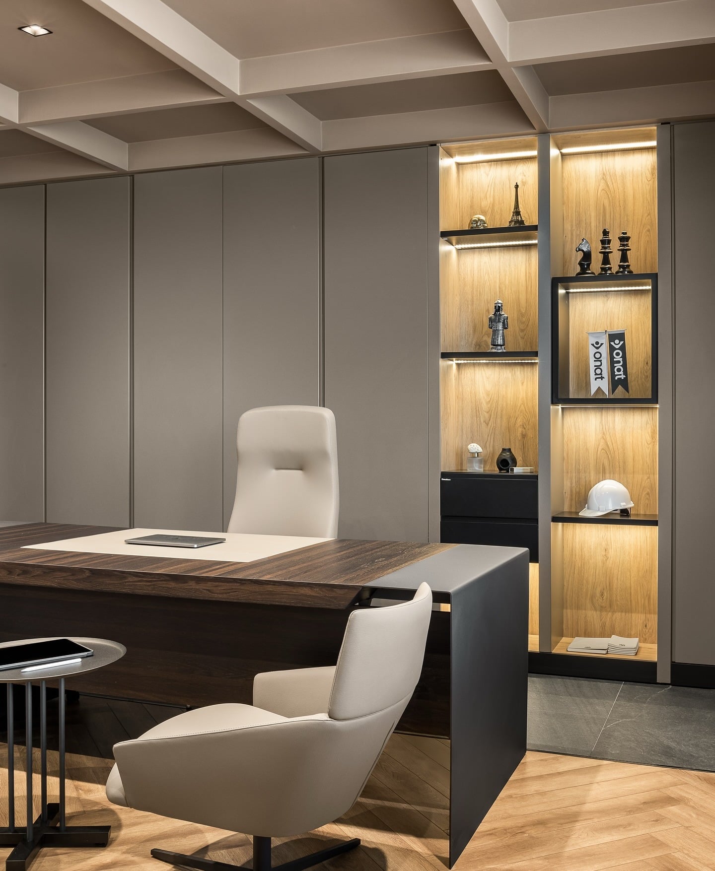 17. Greige and Walnut Executive Office Design - office room ideas