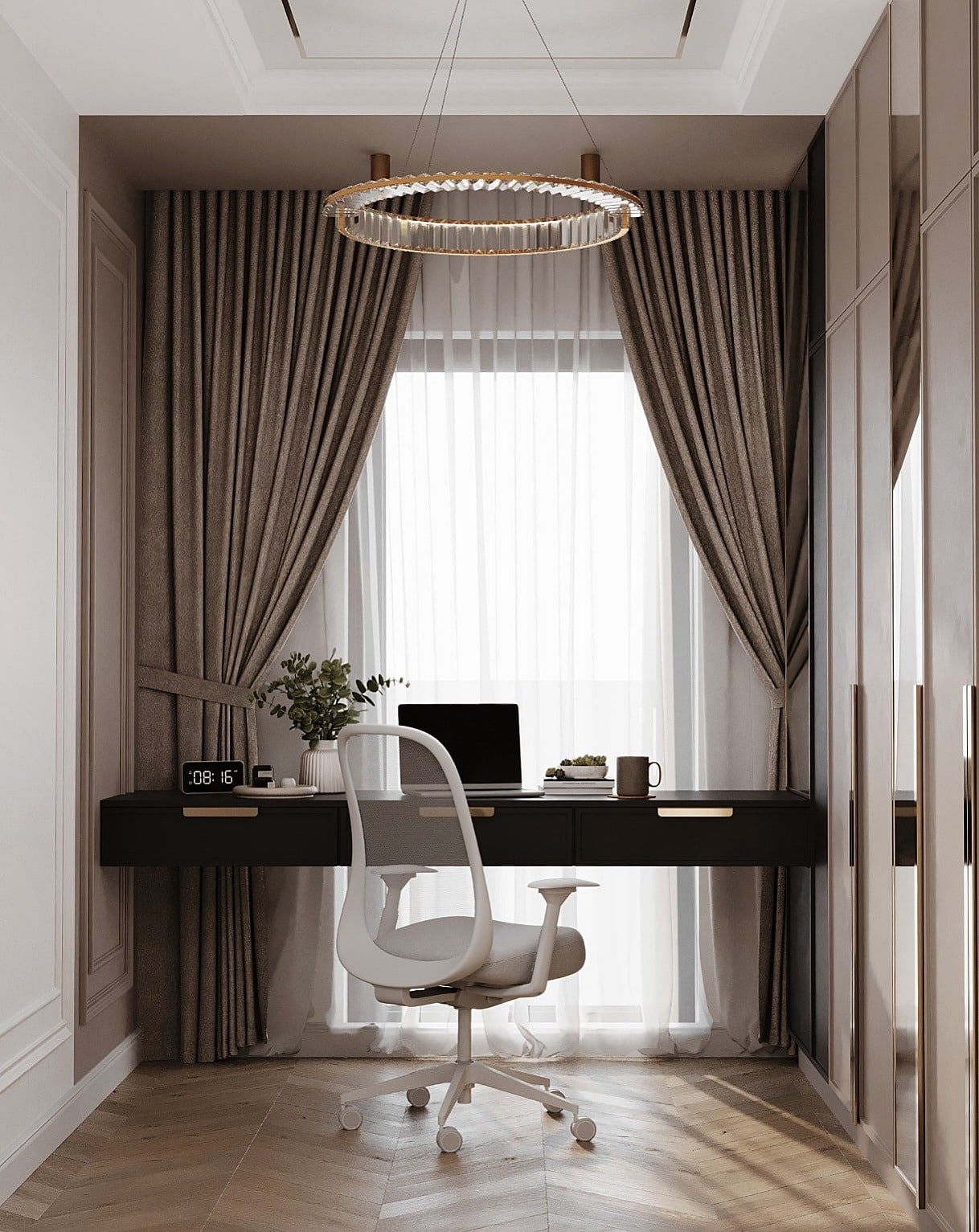 18. Soft Beige and Black Compact Office Idea - office room ideas