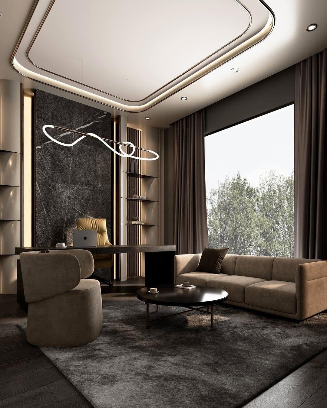19. Mocha and Charcoal Luxury Office Lounge - office room ideas
