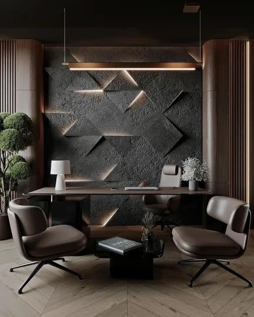 21. Dark Charcoal and Walnut Statement Office Design - office room ideas