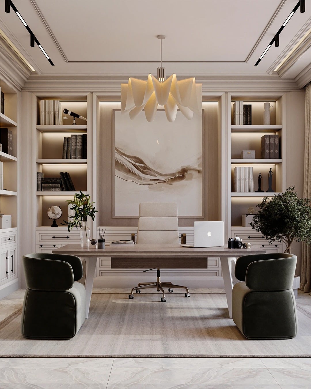 22. Ivory and Taupe Elegant Executive Office Idea - office room ideas