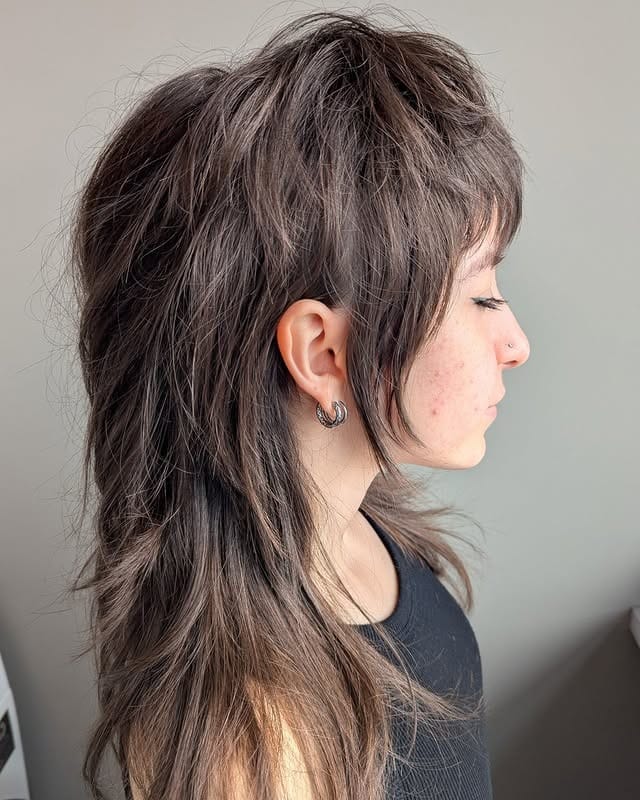 19. Smoky Brown Shag Mullet with Layered Crown - Shaggy Haircuts