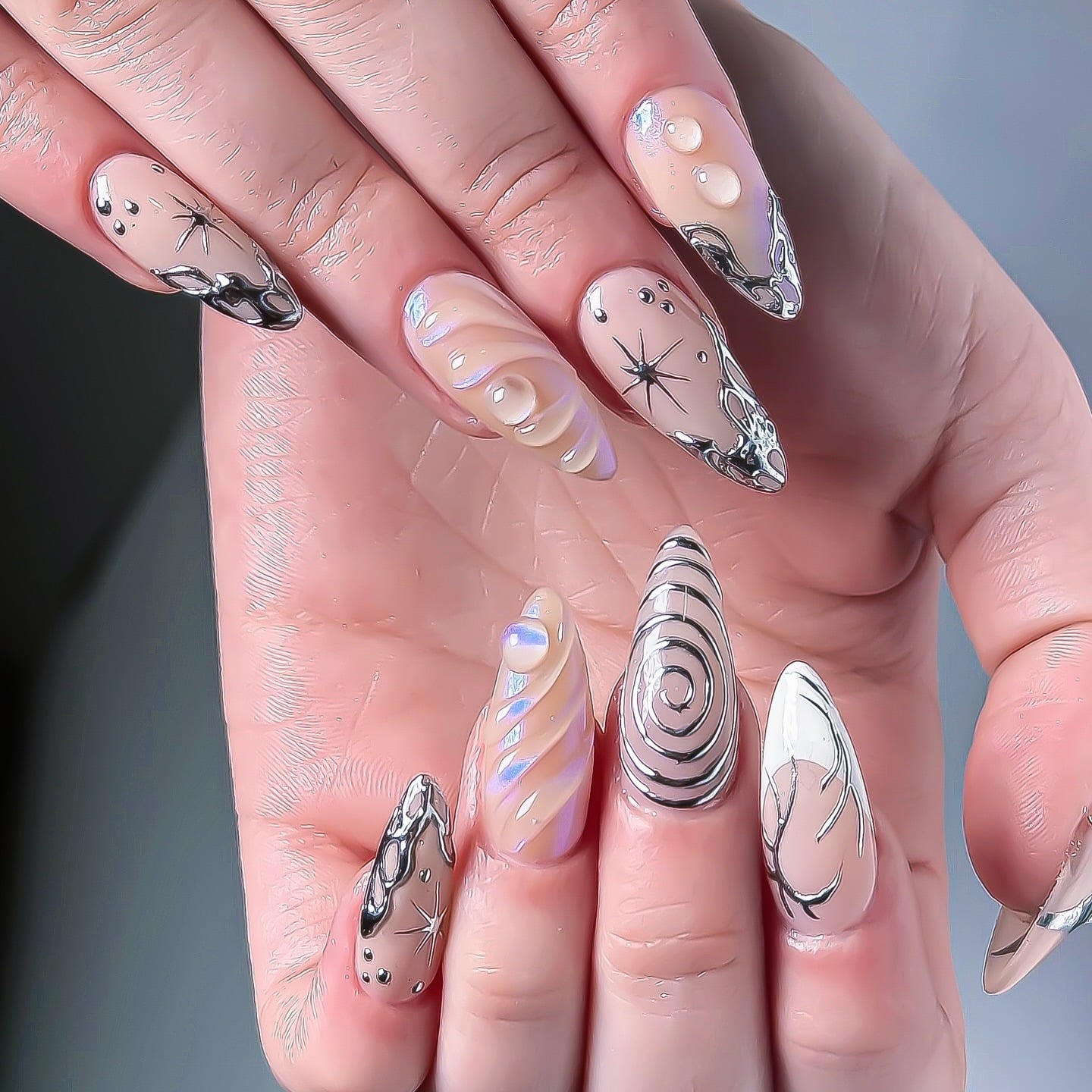 2. Pearl Chrome Swirl Almond Nails - cool nail ideas