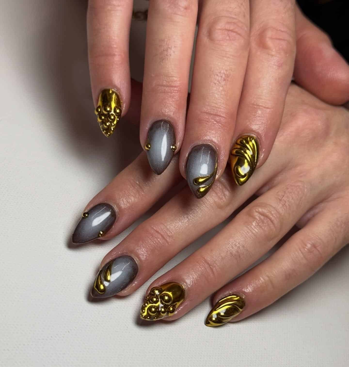 4. Smoky Gray and Gold Chrome Almond Nails - cool nail ideas