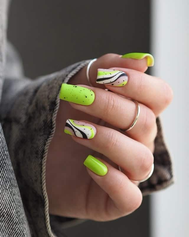 6. Neon Green Abstract Square Nails - cool nail ideas