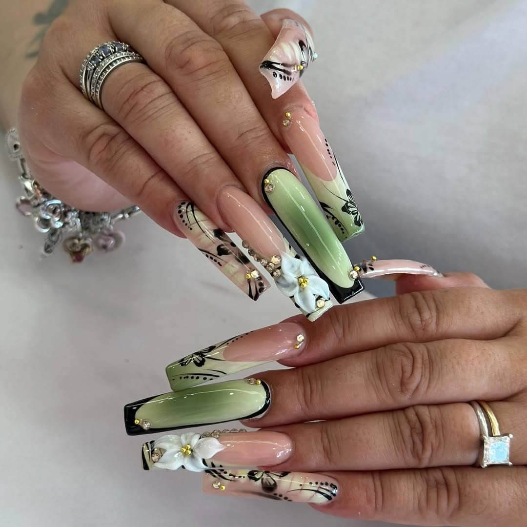 7. Sage Green Floral Coffin Nails - cool nail ideas