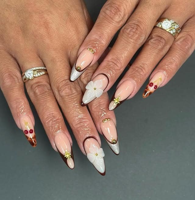 8. Black French Tip Floral Stiletto Nails - cool nail ideas