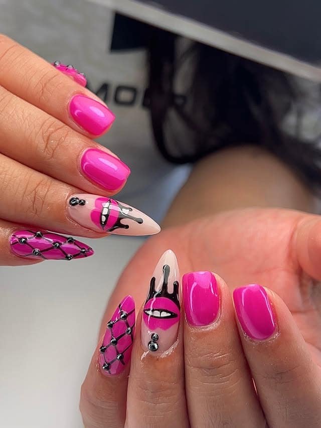 10. Bright Pink Graphic Accent Nails - cool nail ideas