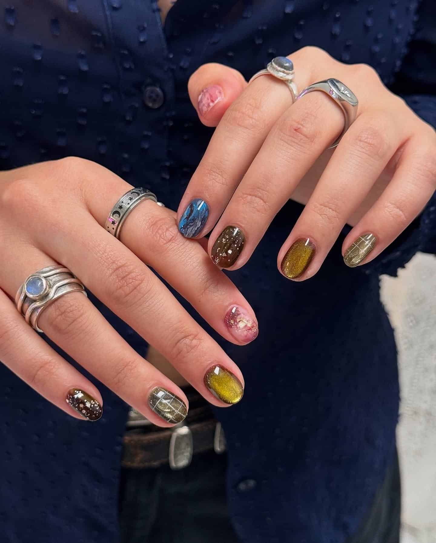 12. Olive Green Mixed Art Short Nails - cool nail ideas