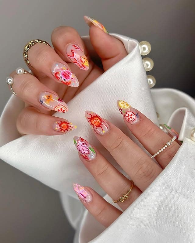 13. Colorful Fruit and Floral Almond Nails - cool nail ideas