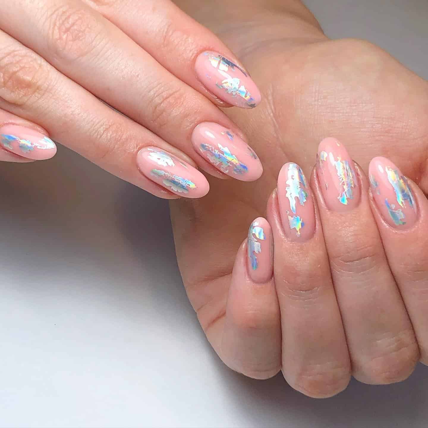 14. Blush Pink Iridescent Foil Oval Nails - cool nail ideas