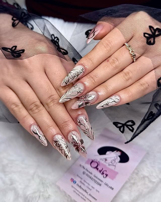 16. Champagne Pink Floral Stiletto Nails - cool nail ideas