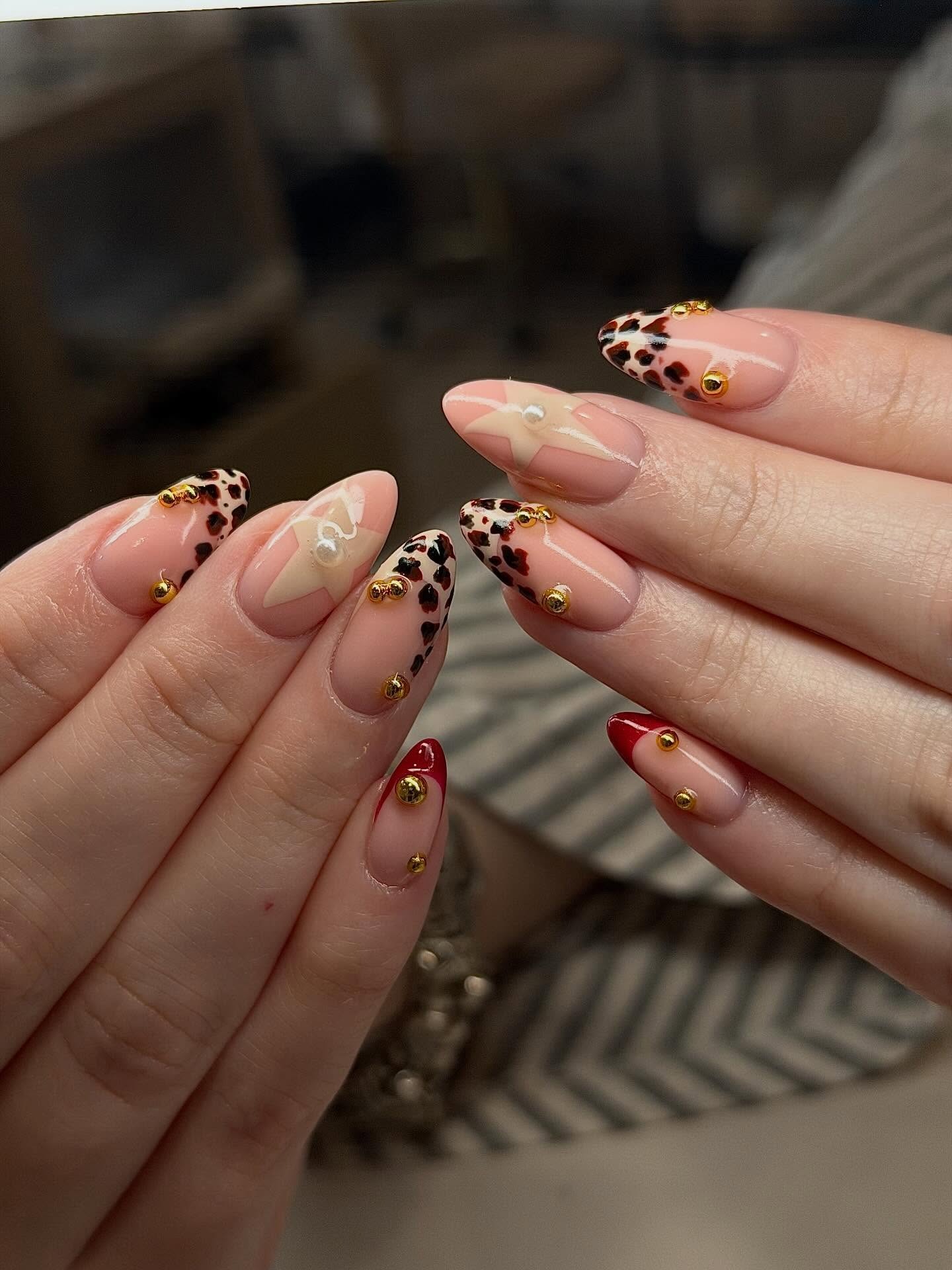 20. Leopard Print and Red French Almond Nails - cool nail ideas
