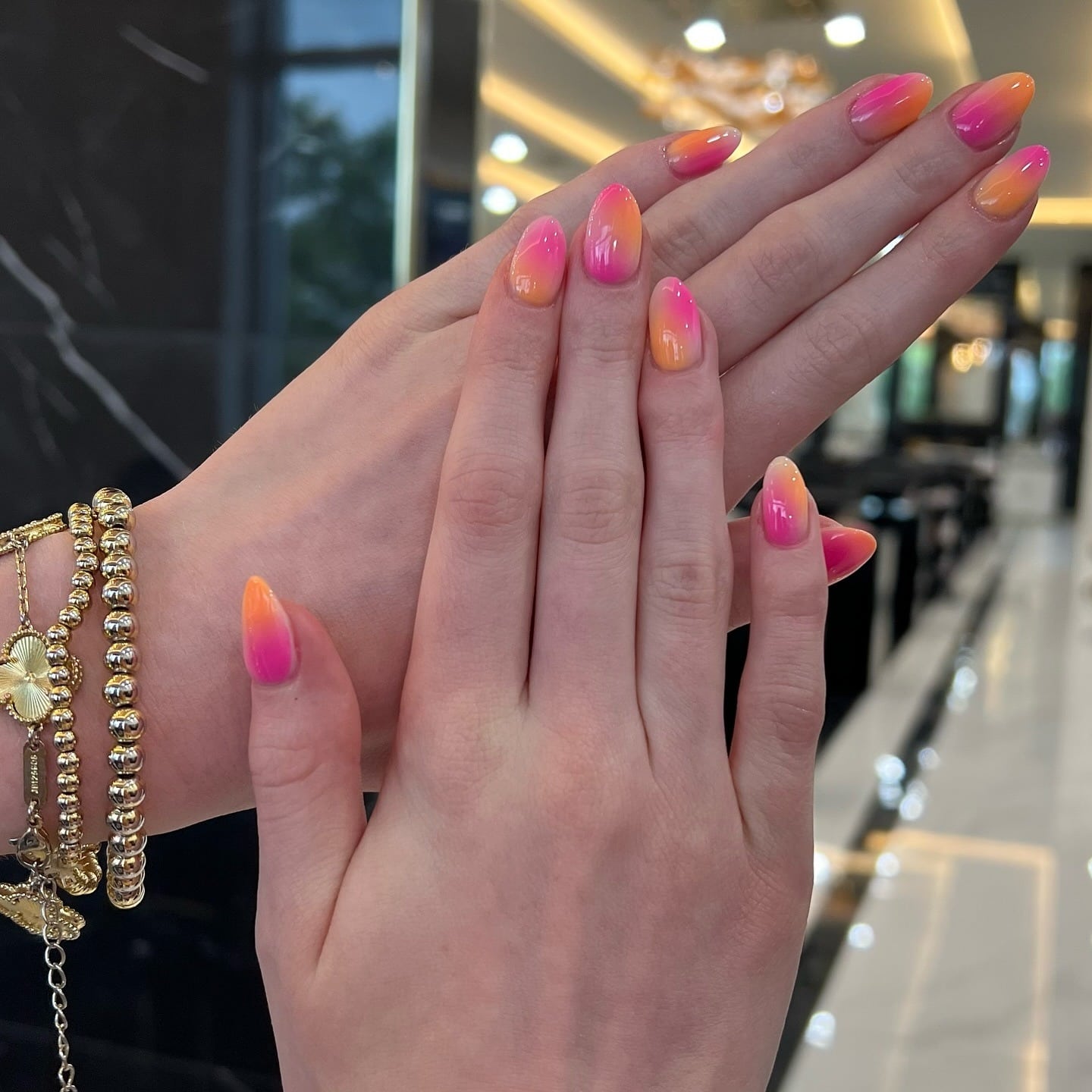 4. Sunset Ombre Almond Dip Nails in Pink and Orange - dip nail ideas