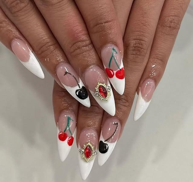 7. White Cherry Accent Stiletto Dip Nails - dip nail ideas