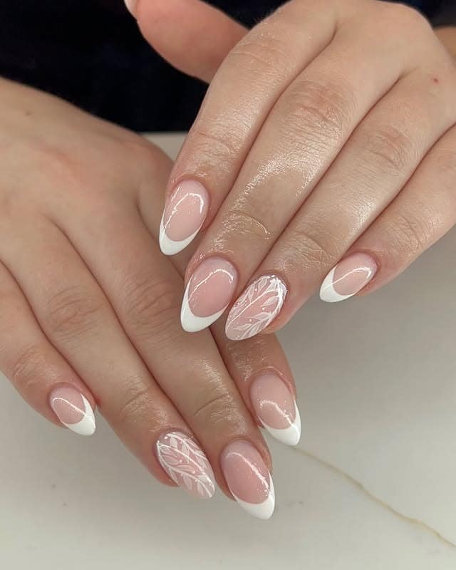8. Classic White French Tip Almond Dip Nails with Floral Art - dip nail ideas