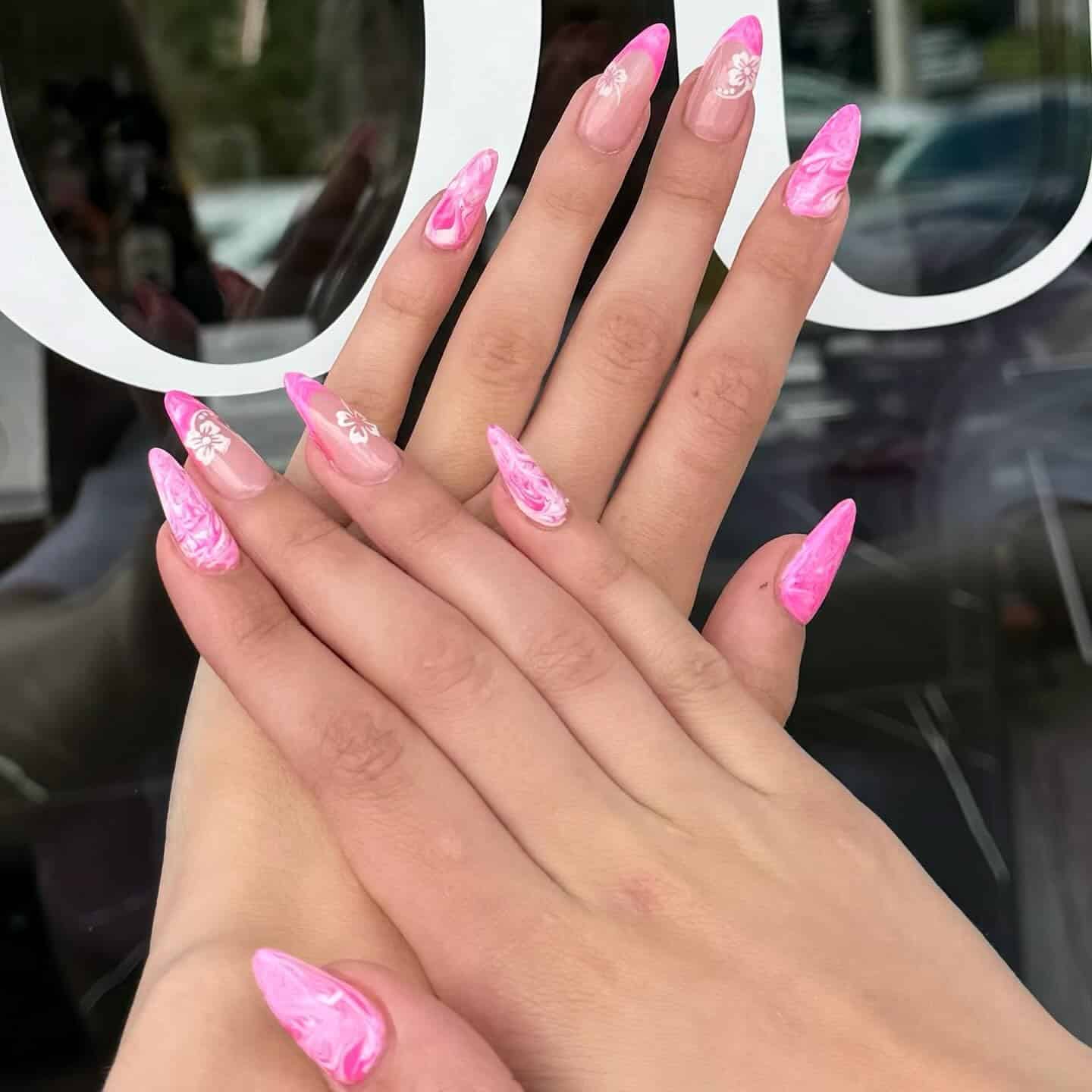 10. Pink Marble Floral Stiletto Dip Nails - dip nail ideas