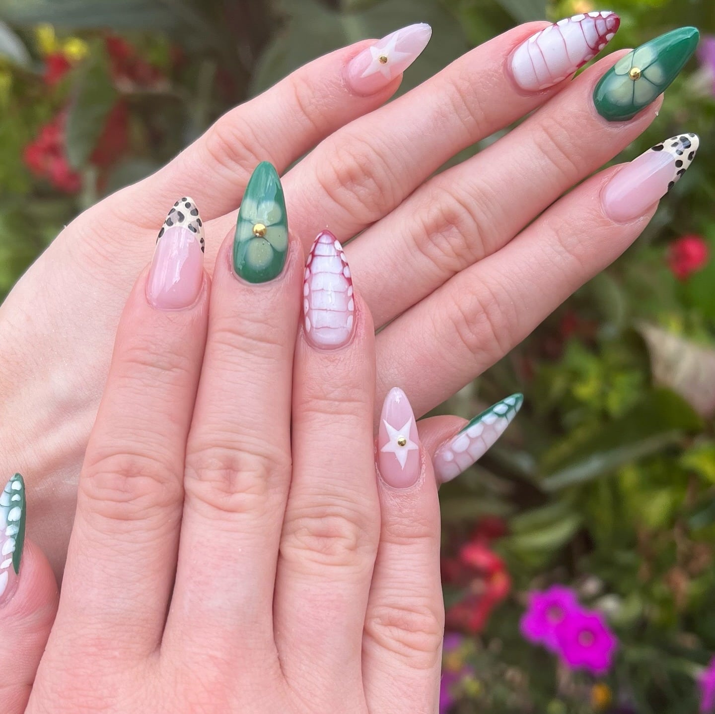 11. Green Floral and Crocodile Almond Dip Nails - dip nail ideas