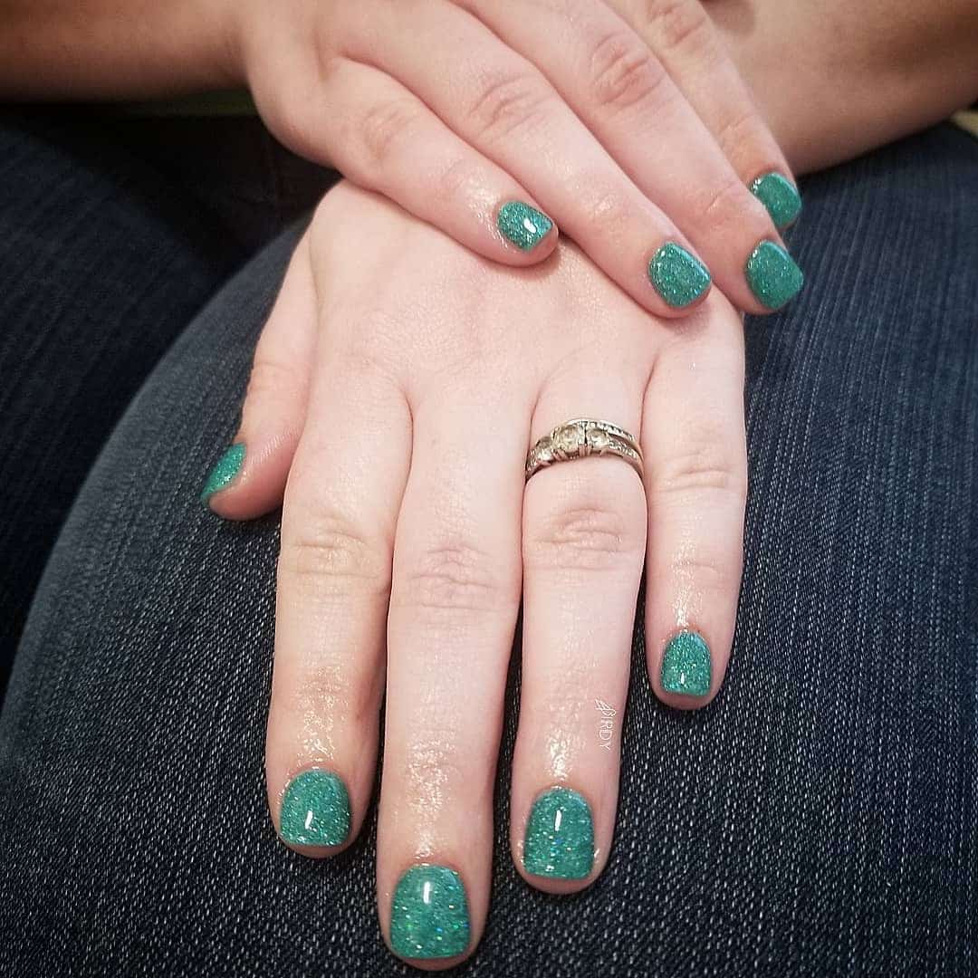 12. Teal Glitter Short Square Dip Nails - dip nail ideas