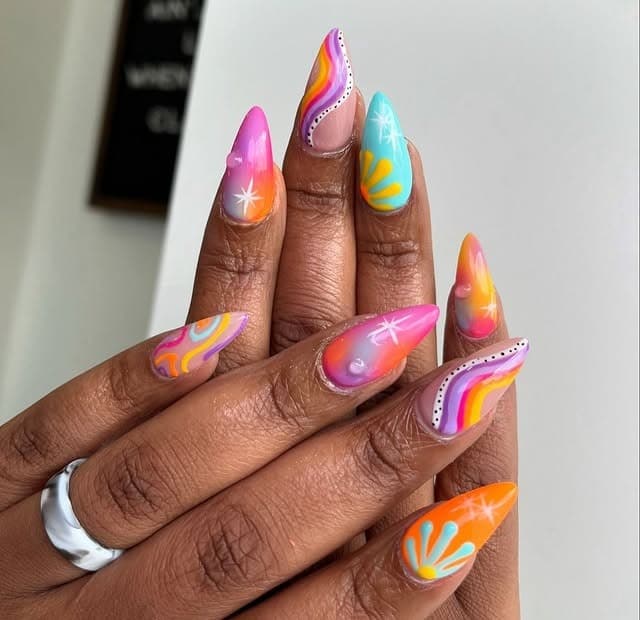 13. Retro Rainbow Swirl Almond Dip Nails - dip nail ideas