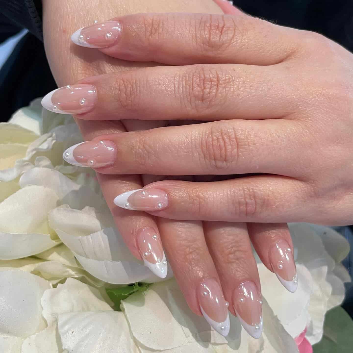 14. Pearl Accent White French Almond Dip Nails - dip nail ideas