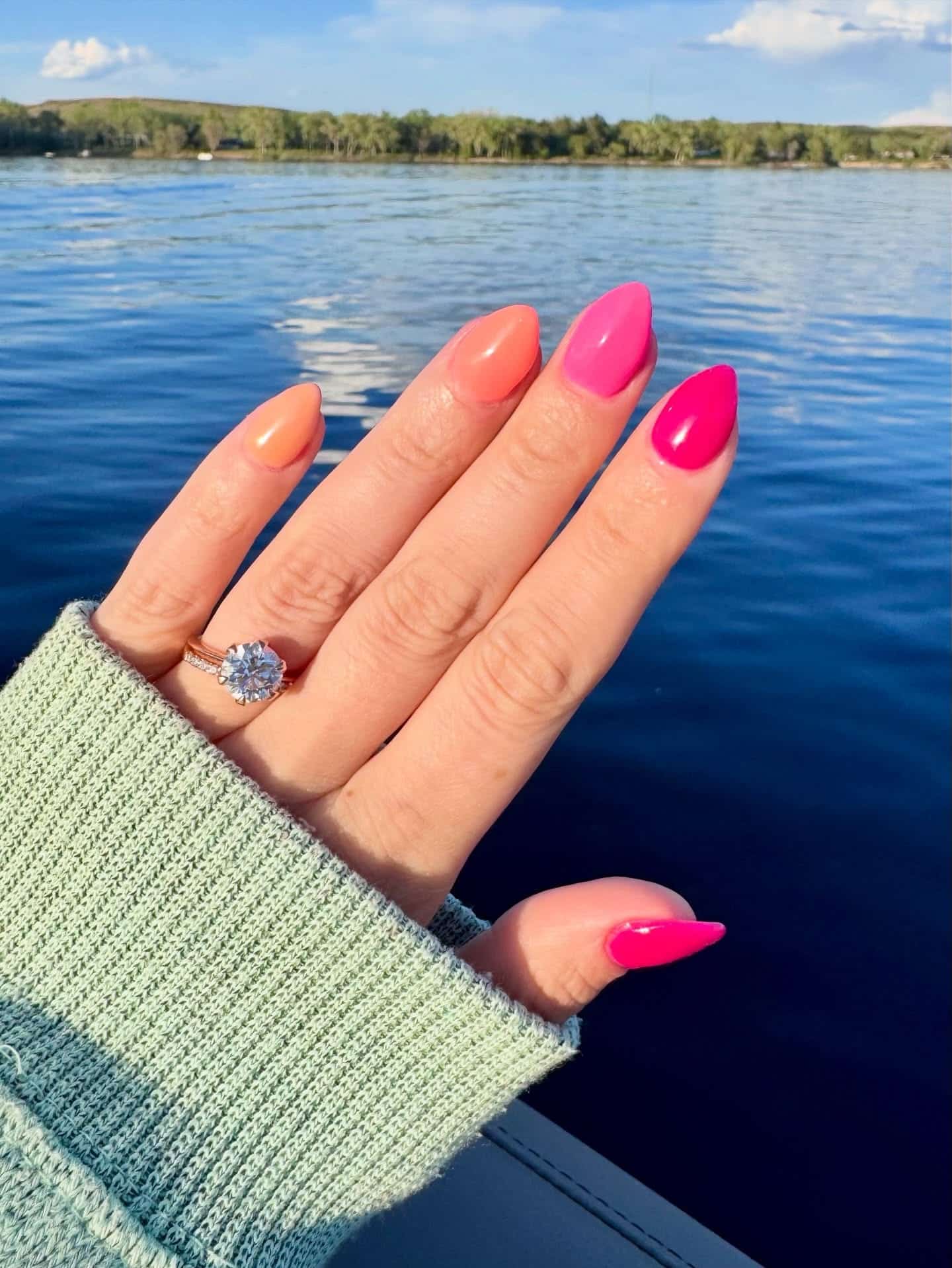 18. Neon Pink and Peach Ombre Almond Dip Nails - dip nail ideas
