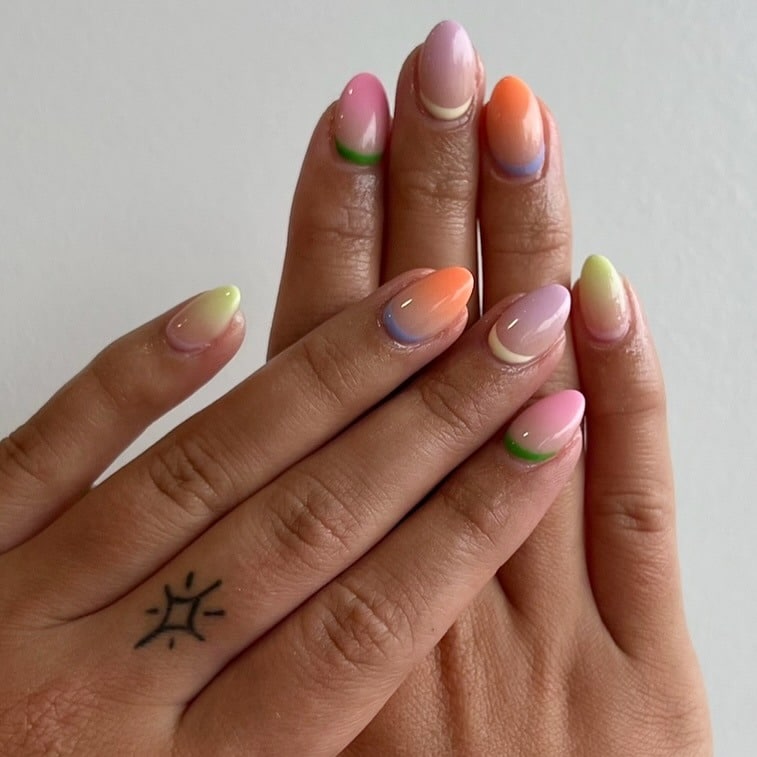 21. Pastel Rainbow French Almond Dip Nails - dip nail ideas
