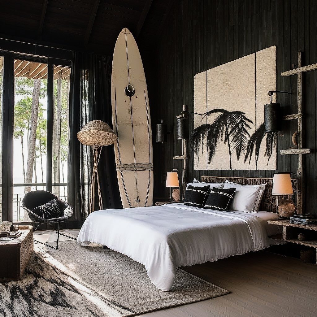 5. Moody Hawaiian Surf Retreat in Black and Natural Wood - hawaiian bedroom ideas
