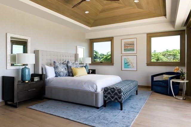 6. Modern Hawaiian Bedroom with Ocean Blue and Warm Neutrals - hawaiian bedroom ideas