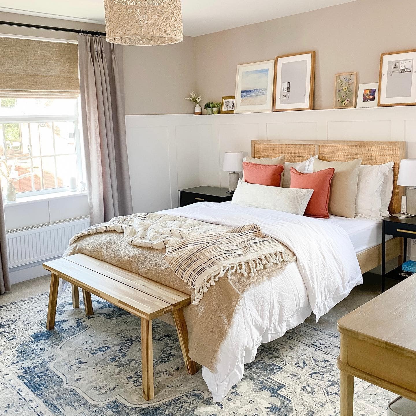 7. Island Cottage Bedroom with Coral Pink and Beige Details - hawaiian bedroom ideas