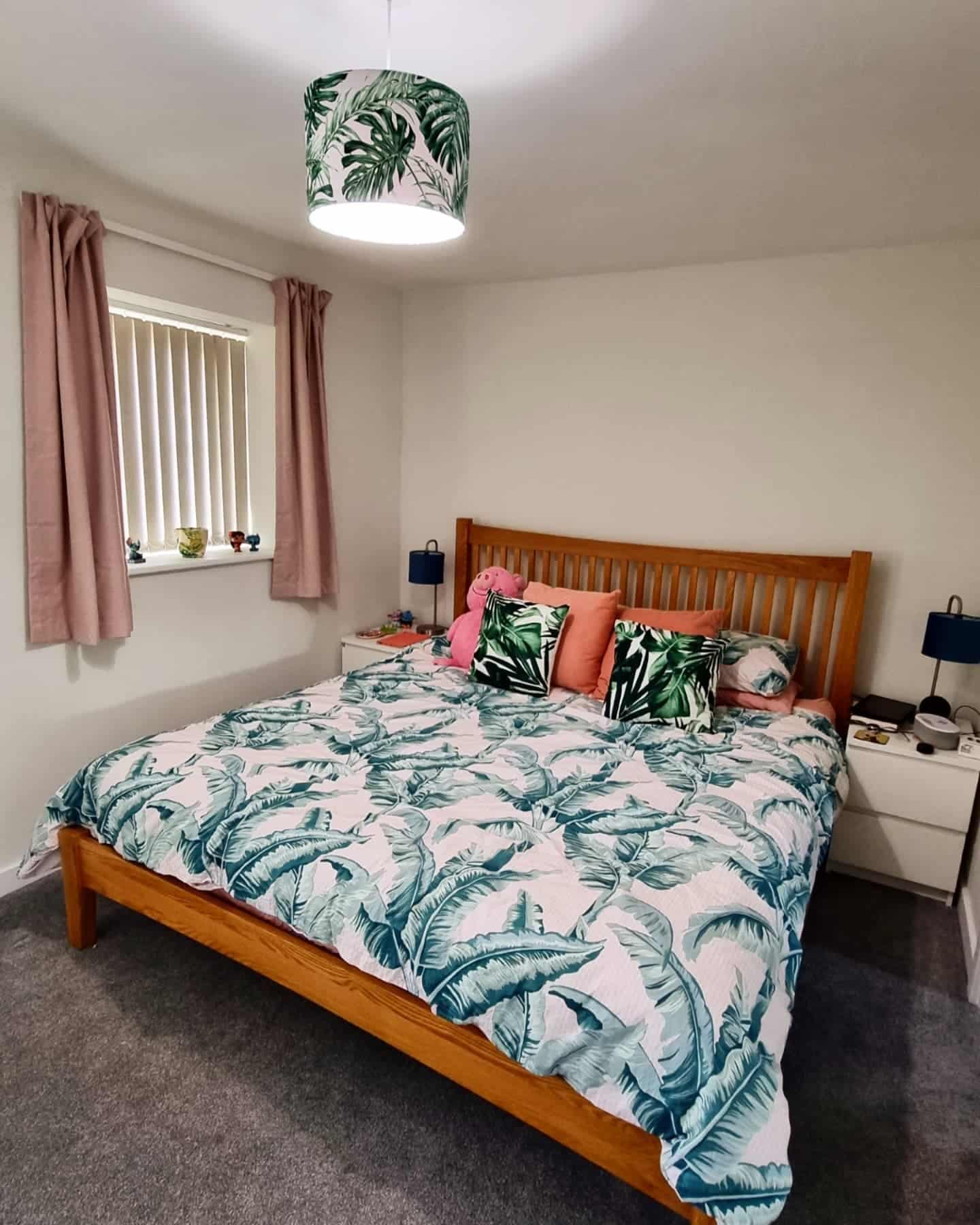 13. Tropical Leaf Bedroom with Green and Blush Pink Palette - hawaiian bedroom ideas