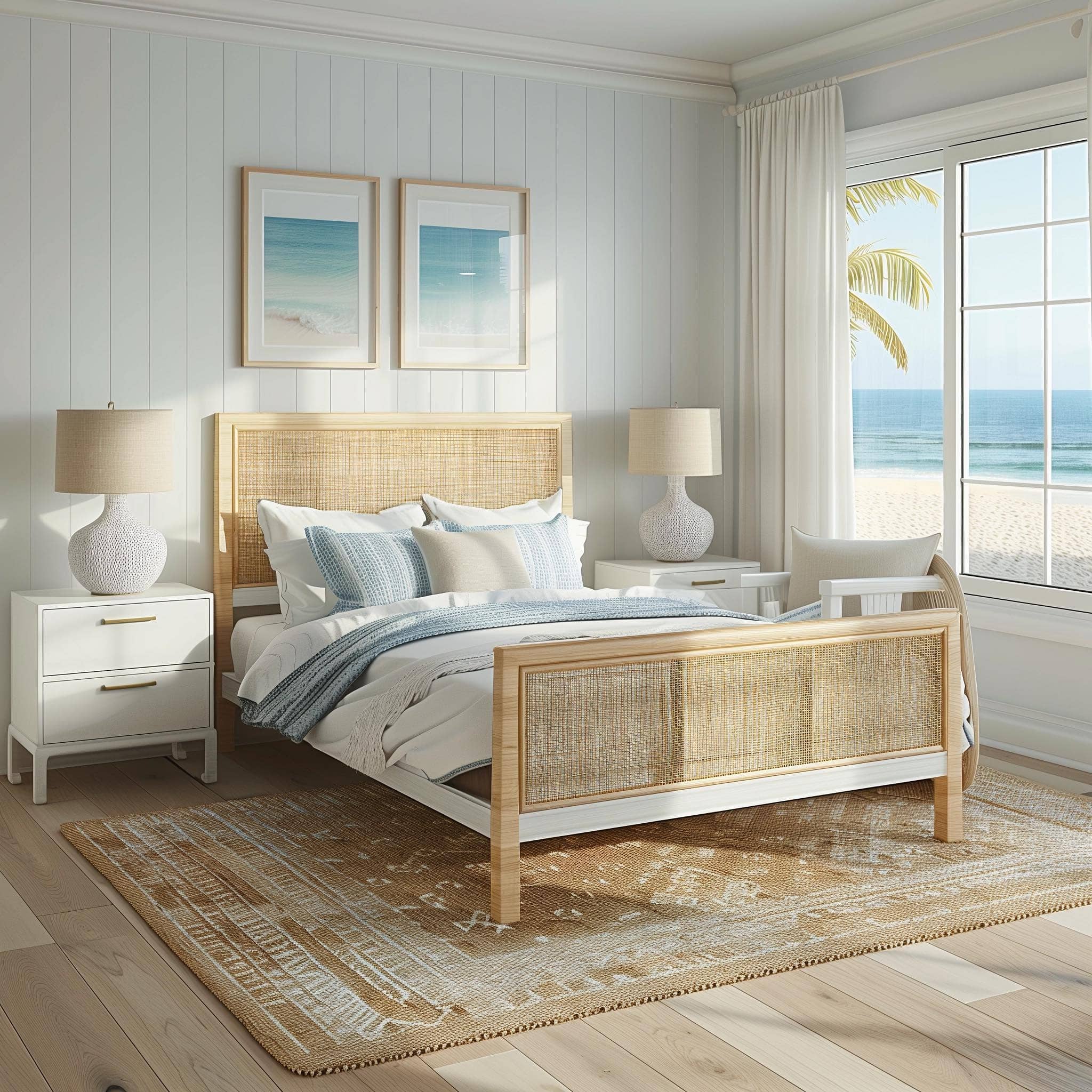 16. Beach House Bedroom with Sky Blue and Natural Cane Details - hawaiian bedroom ideas