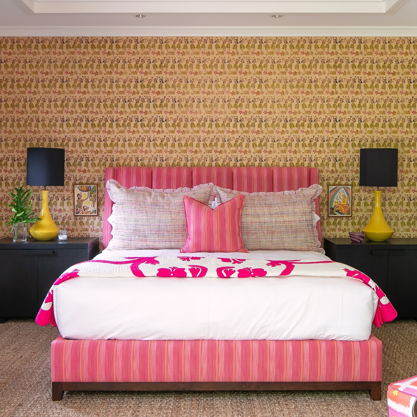 21. Bold Hawaiian Bedroom with Coral Pink and Sunshine Yellow Accents - hawaiian bedroom ideas