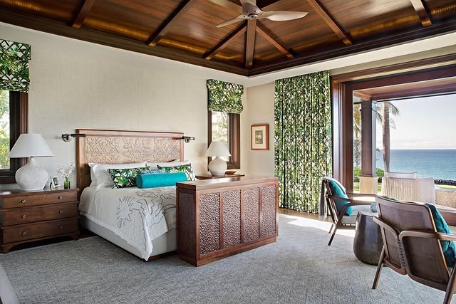 22. Luxury Oceanview Hawaiian Bedroom in Emerald Green and Rich Walnut - hawaiian bedroom ideas