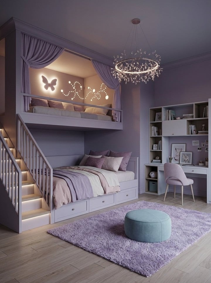 1. Lavender Loft Bedroom with Built-In Bunk Bed Design - lavender bedroom ideas