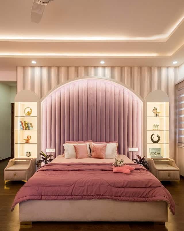 2. Blush Lavender Bedroom with Arched Velvet Headboard Feature - lavender bedroom ideas